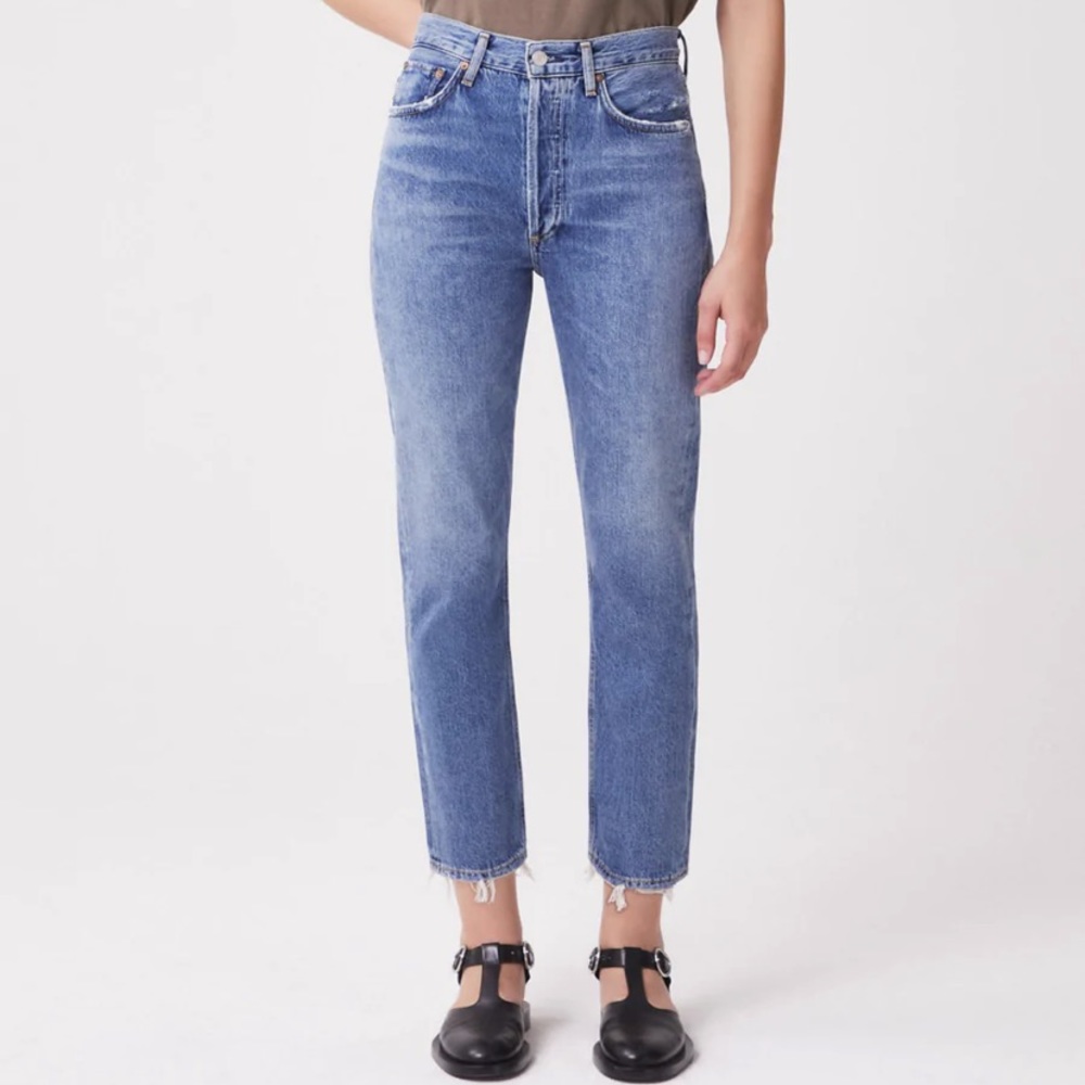 Agolde High Rise Straight Jeans in Medium Blue Wash
